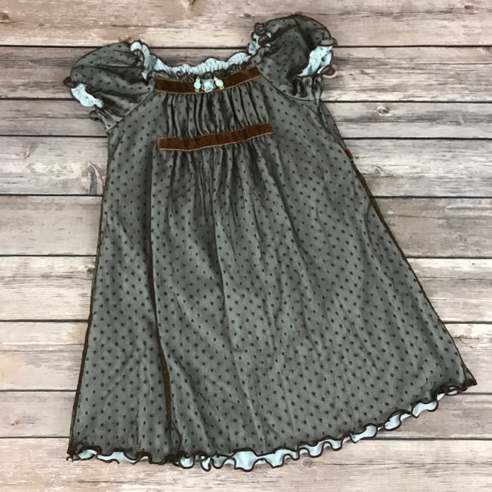 Brown Polka Dot & Blue Lined Dress Velour Tie Back